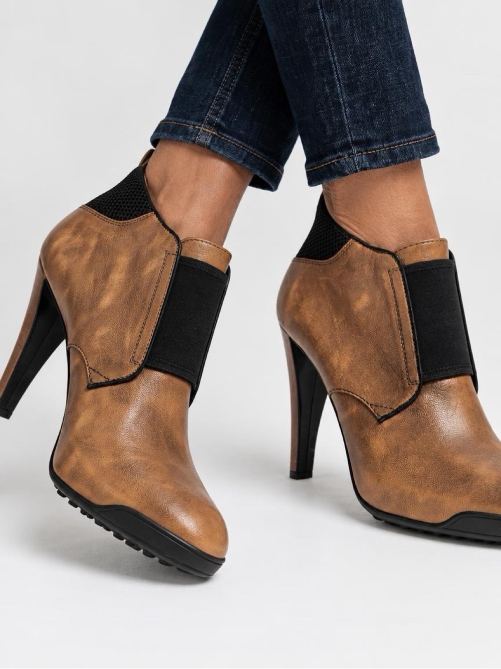 Women's Tan High Heel Ankle Booties with Elastic Panels